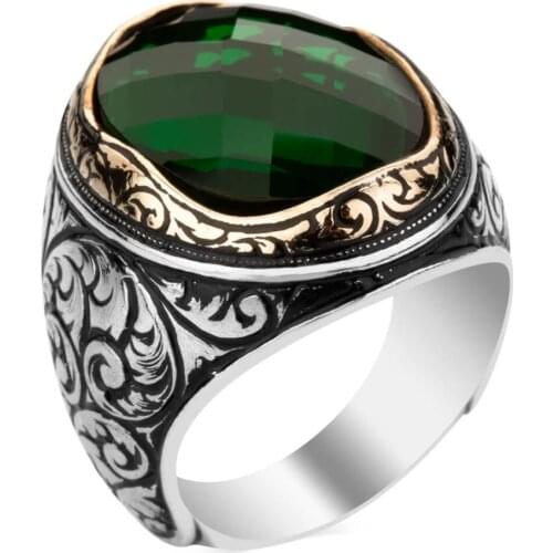 Silver Oval Green Zircon Men Ring Handcarved Men Jewelry High Quality Fashionable Ring Vitange Men Accessory