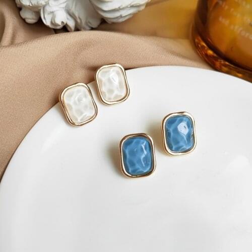 Retro Style Water Ripple White Resin Blue Stone Clip on Earrings Simple Geometric Square Clip Earrings No Piercing Ear Clip
