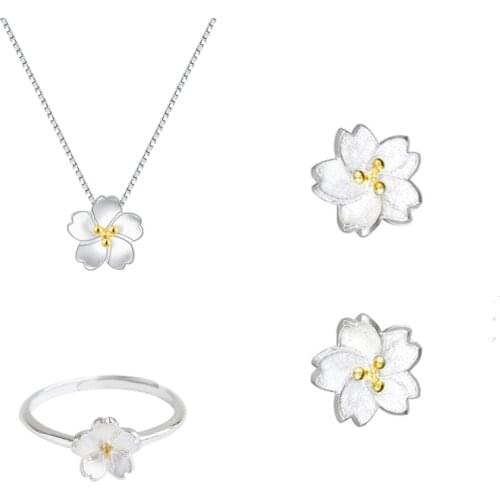 Cute Cherry Flower Earrings Necklace Ring Set For Women Jewelry Fashion Silver Plated Necklace Choker Lady Party Bijou