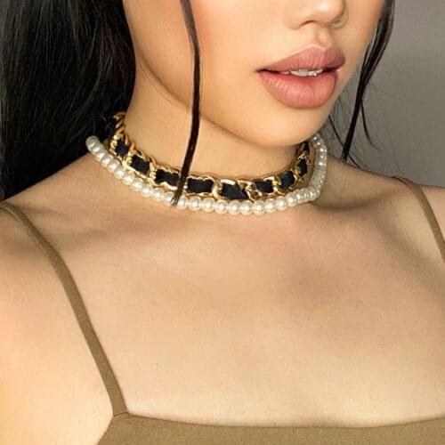 TIMEONLY Delicate Faux Pearls Black Color Leather Choker Necklaces Alloy Chain Twine Charm Necklace for Women Ladies Jewellery