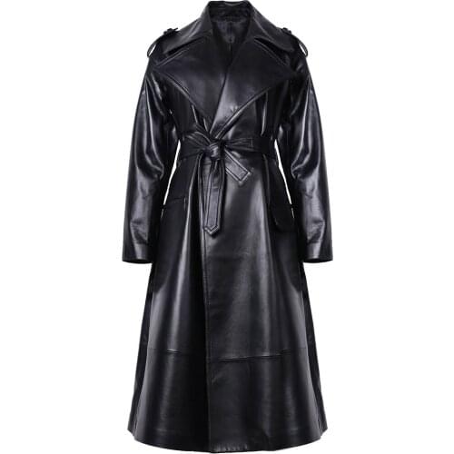 YOLOAgain Spring Women Beading Long Real Sheepskin Genuine Leather Coat Windbreak