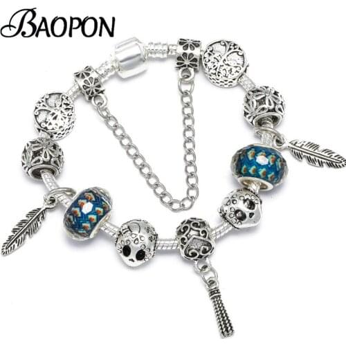 BAOPON Feather& Skull Pendant Beads Charm Bracelets & Bangles With Silver Color Snake Chain Bracelet Jewelry Pulseras