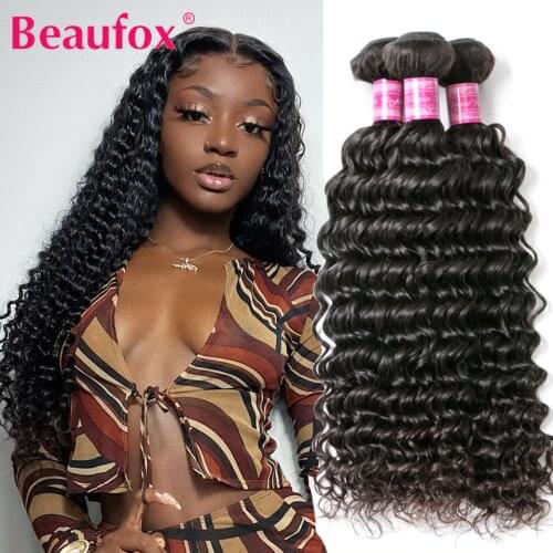 Beaufox Brazilian Deep Wave Bundles 3 Bundles Human Hair Weave Bundles Remy Hair Extension 8-30 Inches Natural Black Curly Hair