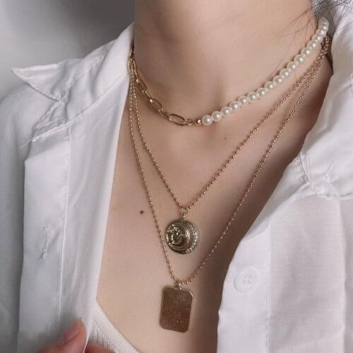 Ornament Ins Temperament Trend Glossy Square Plate Necklace Cold Wind Stitching Alloy round Beads Necklace