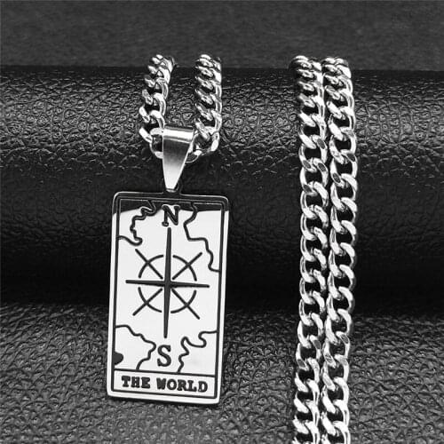 Tarot THE WORLD Compass Stainless Steel Chain Necklace Women/Men Silver Color Geometry Statement Necklace Jewelry N4536S02