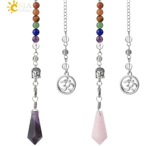 CSJA Natural Stones Cone Buddha Head 3D Pendulum 7 Chakra Chain for Dowsing Wicca Hexagon Reiki Pink Quartz Crystal Pendule G343