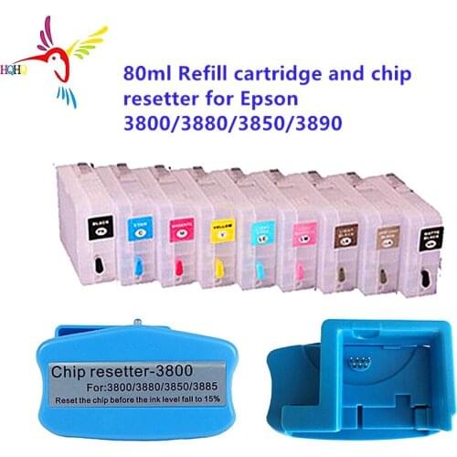 9pcs 80ml Refill Cartridge with Chip Sensor and 1Pc Resetter for Epson 3800/3880/3850/3890 Printer 3800 Refill Empty Cartridges