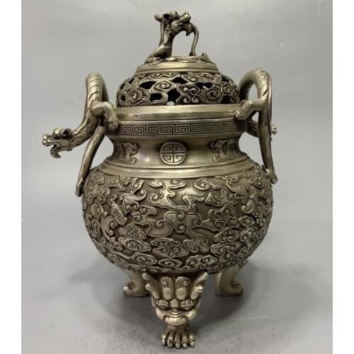 China White copper archaize double dragon ear Incense burner crafts statue
