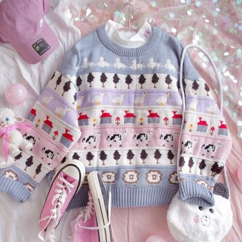 Preppy Style Cute Cartoon Knit Kawaii Pullovers Sweaters Japanese O Neck Long Sleeve Sueter Mujer Korean Sweet Striped Jumpers