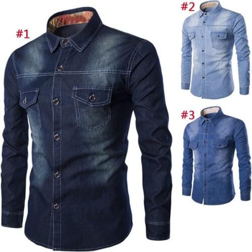 Fashion Men Jeans Shirt Cotton Slim Fit Casual Denim Long Sleeve Solid Shirts Tops Plus Size Camisa Masculina Chemise Homme