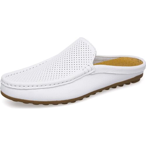 Italian Mens Shoes Casual Half Slipper Men Loafers Hollow Out Moccasins Light Breathable Slip on Boat Shoes Soft Walking Flats