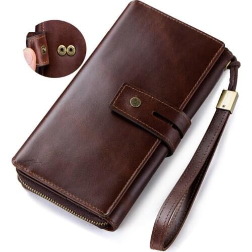 Genuine Leather Men Wallet Crazy Horse Leather European and American Tri-Fold Clutch Bag long purses large capacity phone bags