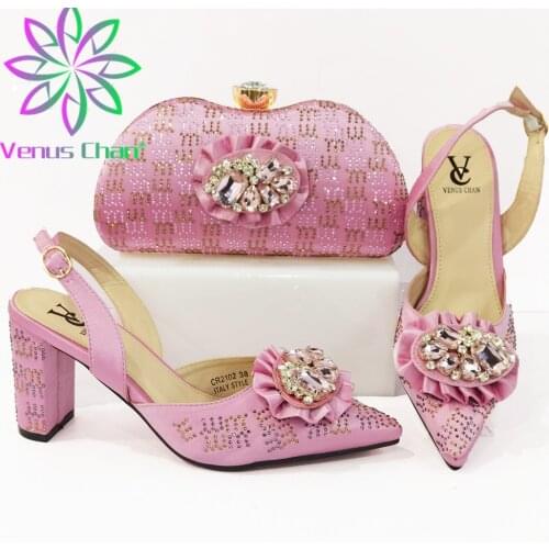 New Italian Design Nigerian Hot Selling Pink Color Party Ladies Shoes and Bag Set With Butterfly Shape Rhinestone Decoration