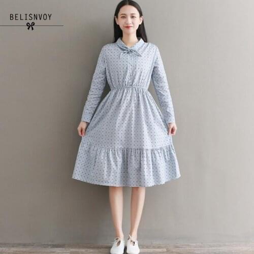 Floral Printed Dress Women Spring Autumn Long Sleeve Casual Cotton Pleated Dress Bowknot Vintage Dresses Vestidos Robe Femme