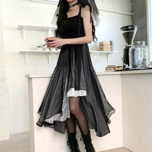 Gothic Midi Dress Women Lace Black Irregular Y2k Dress Square Collar Spaghetti Strap Party One Piece Dress Korea Streetwear 2021