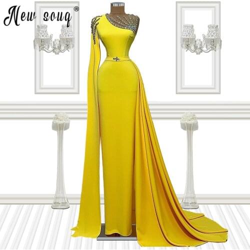 Robe De Soiree Gold Yellow One Shoulder Long Evening Dress Beaded Party Dress Long vestidos Zipper Back Evening Gowns