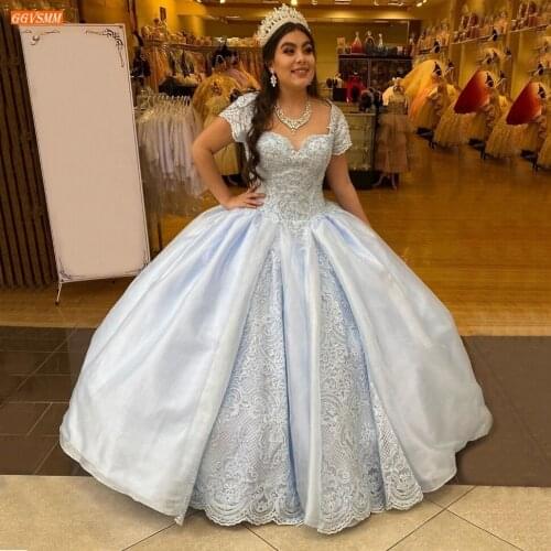 Luxury Sky Blue Prom Dress Long Lace Up Appliqued Organza Sexy Ball Gown Women Dresses Long Party 2020 Vestidos De Gala In Stock