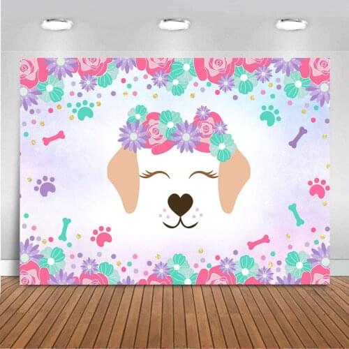 Puppy Dog Birthday Party Decorations Doggy Pet Bone Photography Backdrop Vinyl Watercolor Floral Background For Kids Baby Shower