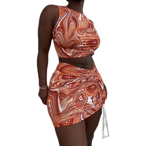 Sexy Two Piece Set Crop Top Draw String Tight Mini Skirts Womens 2021 Rave Outfit Club Wear Short Dress Sets