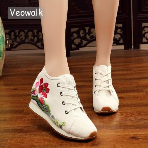 Veowalk New Design Floral Embroidered Women Casual Canvas Platforms Shoes Vintage Ladies Mid Top Lace up Cotton Travel Shoes