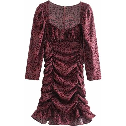 XNWMNZ Za Women 2020 Chic Fashion Leopard Print Pleated Mini Dress Vintage Half Sleeve Back Zipper Ruffled Female Dresses Mujer