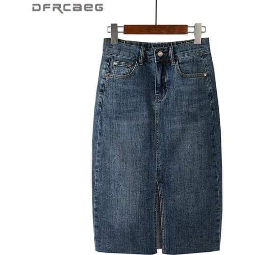 Stretch Sexy Split Womens Straight Skirt Jean 2020 Autumn High Waist Vintage Blue Ladies Long Denim Skirts Retro Female Saia