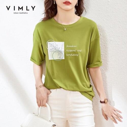 VIMLY Women Tshirts Summer New Letter Printed T Shirt 2021 Fashion Round Neck Half Sleeve Loose Korean Womens Cotton Tops F7211