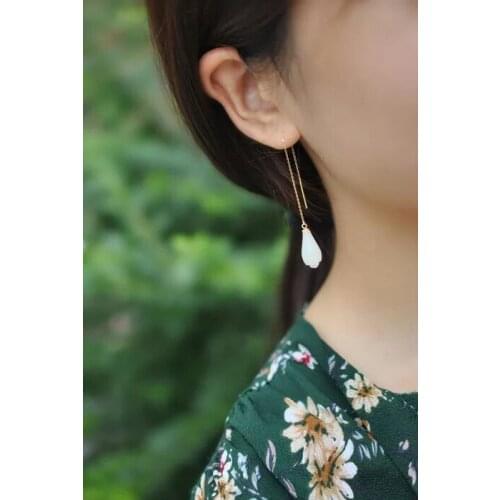 SHILOVEM 18k yellow gold real Natural white Jasper drop earring fine Jewelry women wedding party gift 7*15mm yze071566hby