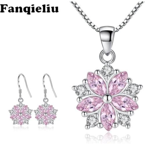 Fanqieliu 925 Sterling Silver Crystal Jewelry Female Flower Pendant Necklace Drop Earrings Set For Women Fashion 2020 SET20006