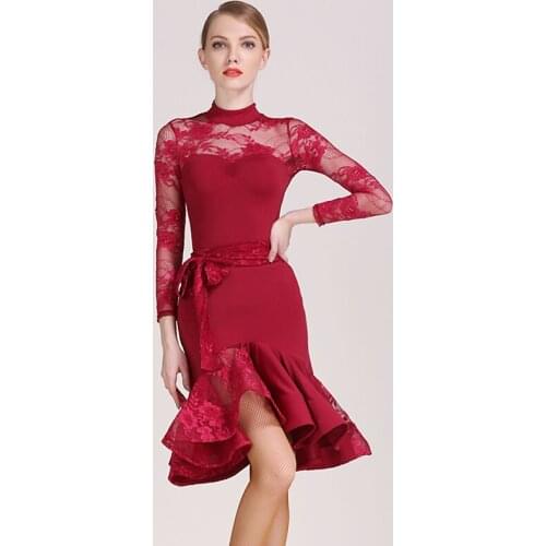 2020 Latin Dance Costume Women Latina Dance Wear Red Salsa Lace Dresses See Through Dress Tango Ballroom Dance Outfits JL1118