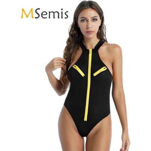 Womens Lingerie Sexy High Cut Bodysuit Swimsuit One-piece Zipper Front Clubwear for Stage Show Ladies Sleeveless Swimwear