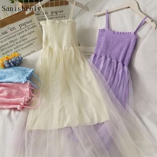 2021 Summer Women Strapless Folds Mesh Dress Sweet Lace Spaghetti Strap Dress Female High Waist Sleeveless A Line Long Vestidos