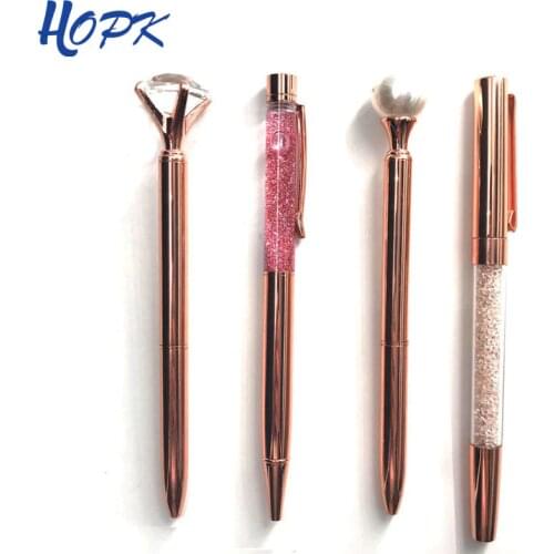 1Pcs Luxury Rose Gold Ballpoint Pen Pearl Pens Crystal Diamonds Oil Quicksand Metal Pens for School Office Supplies Stationery