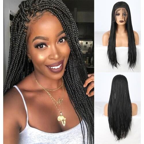 RONGDUOYI Long Hair Braided Box Braids Wigs for Women High Temperature Fiber Lace Front Wig Free Part Black Synthetic Wig