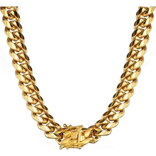 Exquisite Clasp 15mm Stainless Steel Curb Chain Jewelry Gold Color For Mens 7-40 Inches Miami Cuban Chain Necklace Or Bracelet