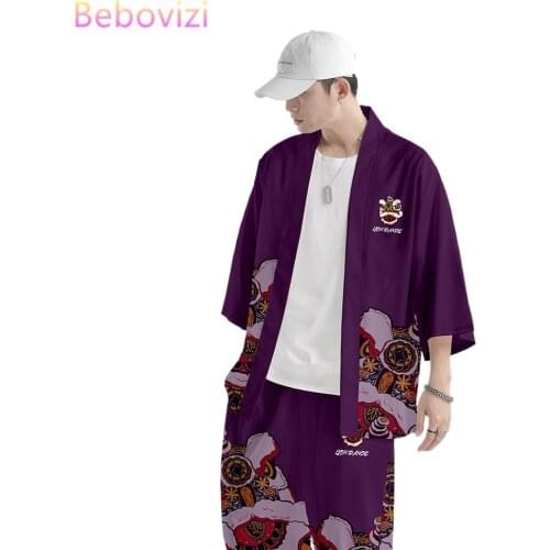 Plus Size XS-6XL Purple China Harajuku Japanese Style Sets Fashion Kimono Men Women Cardigan Haori Obi Asian Clothes Pants Suit