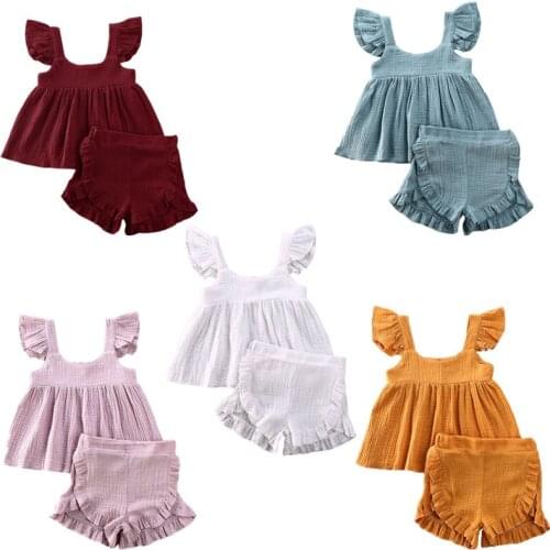 Citgeett Linen 0-24M Newborn Baby Girls Ruffles Clothes Set Cotton Summer Kids Sleeveless Tops Blouse+Shorts Suits 0-24M