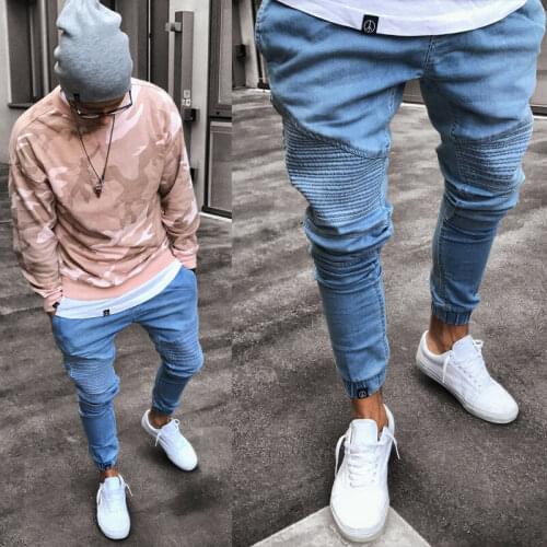 2020 Hot Mens Stretchy Ripped Skinny Biker Jeans Destroyed Slim Fit Denim Pants Mens Elastic Waist Harem Pants Jogger Clothes