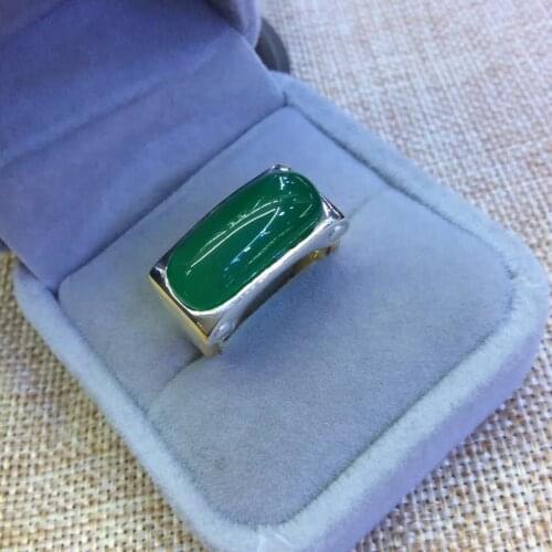 Silver Wholesale S925 Sterling Silver Inlaid Pure Natural Green Chalcedony mens Saddle Ring Face Ring