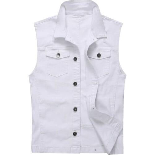 Mens White Ripped Denim Vest Casual Classic Holes Distressed Sleeveless Waistcoat Tank Top
