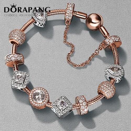 NEW 2017 NEWEST 100% 925 Sterling Silver Rose gold bracelet suits Clear CZ Charm Bead fit Bracelet DIY For Women Jewelry