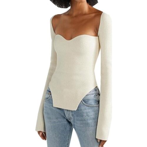 2021 new autumn European Fashion Women Square Neck Sexy Knitted Sweater Pullover Solid Slim Casual Long-Sleeved Top