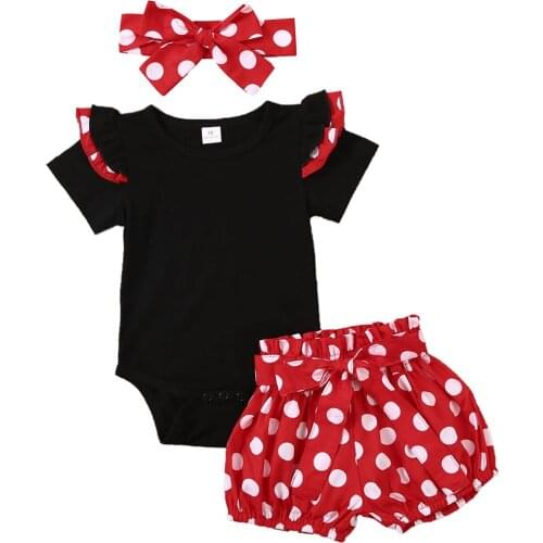 Toddler Newborn Baby Girls Summer Clothes Wave point Outfit Cute Short Ruffle Sleeve Bodysuit Short Headband 3pcs Set