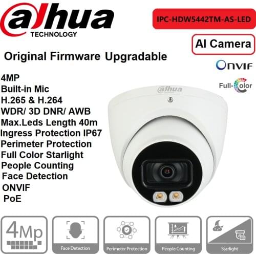 IP Camera Dahua 4MP IPC-HDW5442TM-AS-LED Eyeball AI Network Camera Built-in Mic PoE Full Color Onvif Face Detection