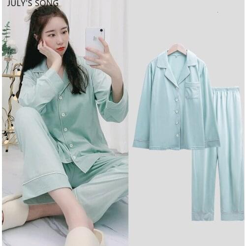 JULYS SONG New 2 Pieces Pajama Sets Cotton Spring Autumn Sleepwear Solid Color Casual Pocket Lapel Long Sleeve Nightwear