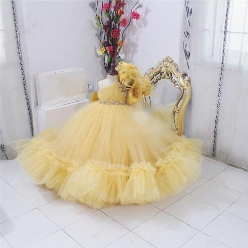 Yellow Ruffles One Shoulder Flowers Girl Dress Baby Party Gown Children Crystals Dress Kids Clothes Photoshoot