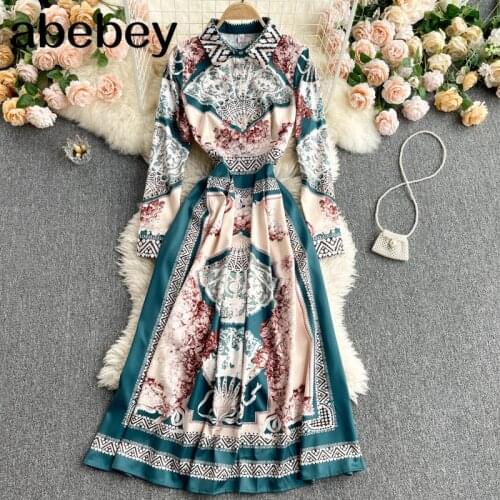 Women Retro Print Dress Korean Turndown-Collar Long Sleeve A-line Dress Spring Court Wind Bohemian Vacation Midi Dress