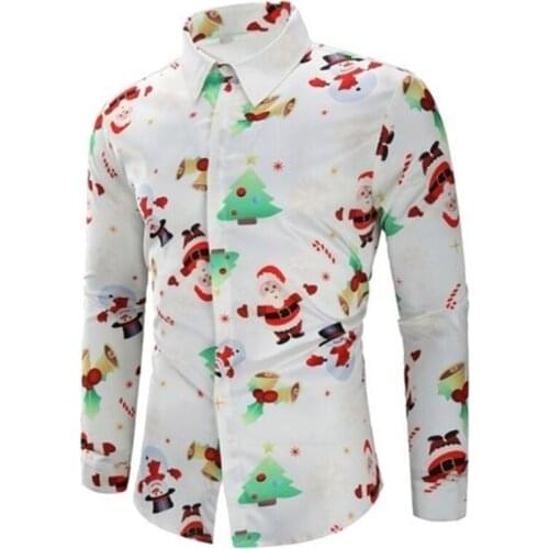 Fashion Shirts For Male Men Casual Snowflakes Santa Printed Christmas Shirt Top Long Sleeve Blouse Mens Clothing Chemise Homme