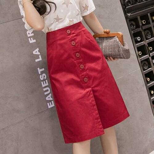 Vintage High Waist Women Skirts Spring Summer Solid Color A-Line Split Buttons Mid-Calf Skirt Female Casual Bottoms S-2XL