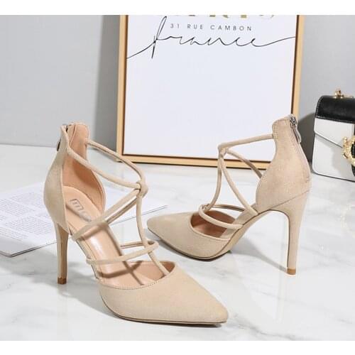 Womens shoes 2021 summer thin heel pointed toe metal zipper sexy high heels new fashion comfortable flock sandals office 34-41